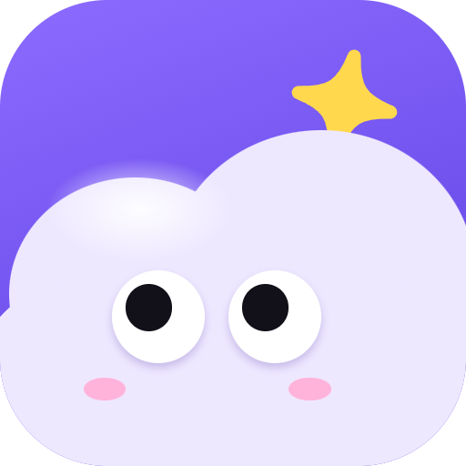 Sparkwell app icon: a friendly lavender cloud with big eyes and pink cheeks, with a yellow sparkle, on a purple background